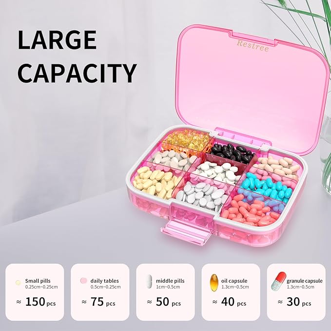 Restree Pill Organizer, Large & Waterproof Travel Pill Case, Adjustable Dividers for Daily Vitamins, Supplements, Fish Oil - Portable Medicine Box for Home & On-The-Go, 9 Compartment (Pink)