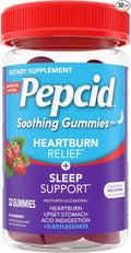 Pepcid Soothing Gummies, Heartburn Relief + Sleep Support Gummies Help Occasional Heartburn, Upset Stomach, Acid Indigestion + Sleeplessness, Calcium & Melatonin, Strawberry, 32 ct