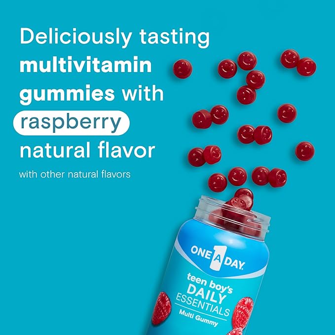 One A Day Teen Boy’s Daily Essentials Multivitamin Gummies, Teen Boy Vitamins with Vitamin C, Vitamin D, Bone Health, Immune Health, Raspberry Natural Flavor, 120 Gummies