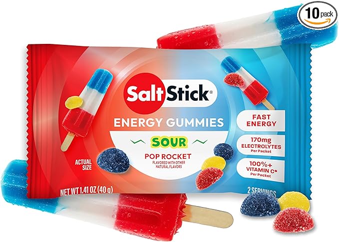 SaltStick Energy Gummies with Electrolytes, Sour Pop Rocket, Easy to Chew Electrolyte Gummy, 10 Packs, 80 Gummies