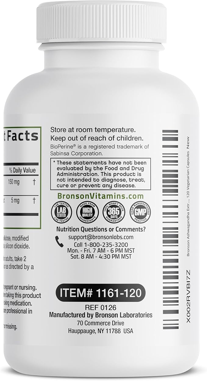 Bronson Ashwagandha Extra Strength Stress & Mood Support with BioPerine - Non GMO Formula, 120 Vegetarian Capsules