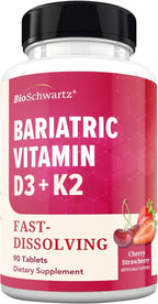 BioSchwartz Bariatric D3 K2 Dissolvable Tablets - 90 Cherry-Strawberry Tablets - Supports Bone Strength - Bariatric Vitamins for Women with Vitamin D3 5000 IU - Third Party Tested, 90 Servings