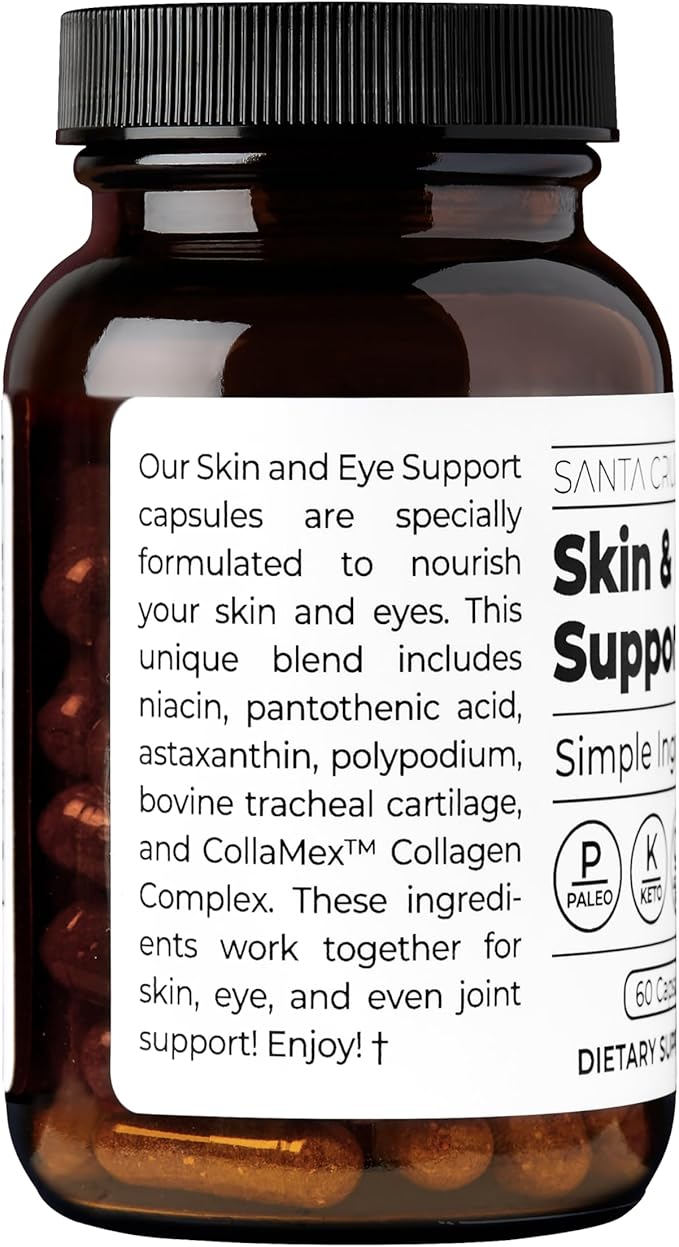 Santa Cruz Paleo Skin & Eye Capsules, Simple Daily Formula for Skin Appearance & Eye Routine, Clean Ingredients, Gluten Free, Keto & Paleo Friendly, 60 Capsules