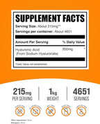 BulkSupplements.com Hyaluronic Acid Powder - as Sodium Hyaluronate, Hyaluronic Acid Supplements - Food Grade, Gluten Free - 215mg per Serving, 1kg (2.2 lbs) (Pack of 1)