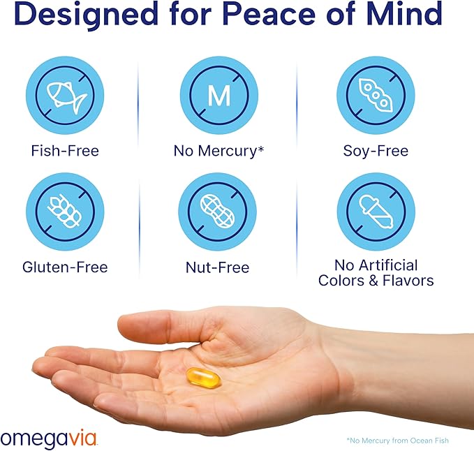 OmegaVia Prenatal DHA 600mg | Fish-Free Omega-3 Supplement | Supports Baby’s Brain, Eye & Nervous System Development | Safe for Pregnancy & Lactation | 30 Easy-to-Swallow Softgels