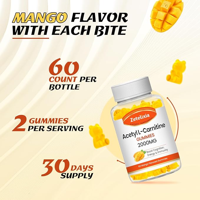 Acetyl L-Carnitine Gummies, L-Carnitine Supplement for Women & Men, Nutrition Supplement for Boost Energy, Immunity & Brain Health, Vegan, Non-GMO, Mango Flavor, 60 Count