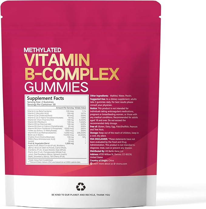 Vitamin B Complex Gummies, 6000 mcg Methylated Vitamin B12, with B6 B1, B2, B3, B5, B7, Methylfolate, Vitamins A C D E, Vegan, Non GMO, Methylated B Complex Vitamin - 60 Gummies