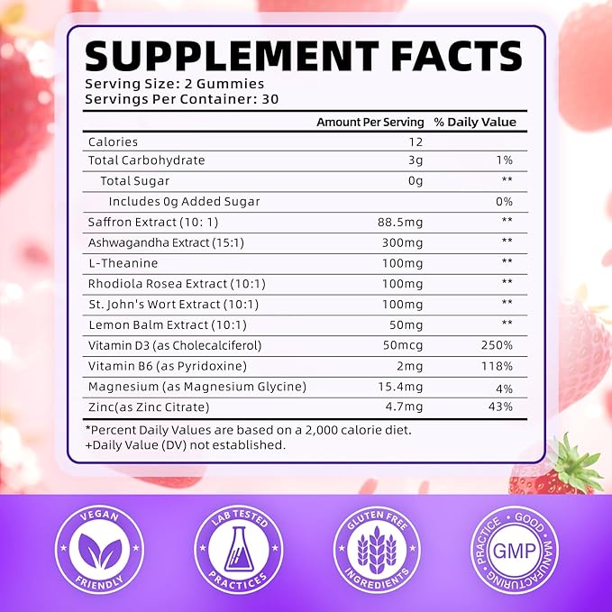 softbear Saffron Gummies for Kids & Adults, 10-in-1 Organic Saffron Supplements with 88.5mg Saffron Extract Support Calm Mind & Focus & Zzz, Sugar Free/Non-GMO, Strawberry Flavor 120 Count