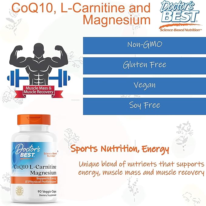 Doctor's Best CoQ10 L-Carnitine Magnesium Supplement - Energy & Exercise Support for Men & Women, Naturally Fermented Coenzyme Q10, Gluten Free, Soy Free, Vegan Formula - 90 Veg Caps