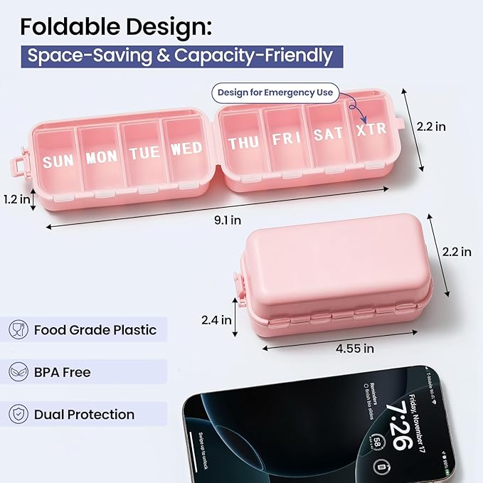 NEW Foldable Weekly Pill Organizer with Extra Grid, Cute & Portable 7 Day Pill Box 1 Time a Day, Week Daily Medicine Organizer - Large Travel Pill Case Holder Dispenser for Vitamin, Supplement - Pink