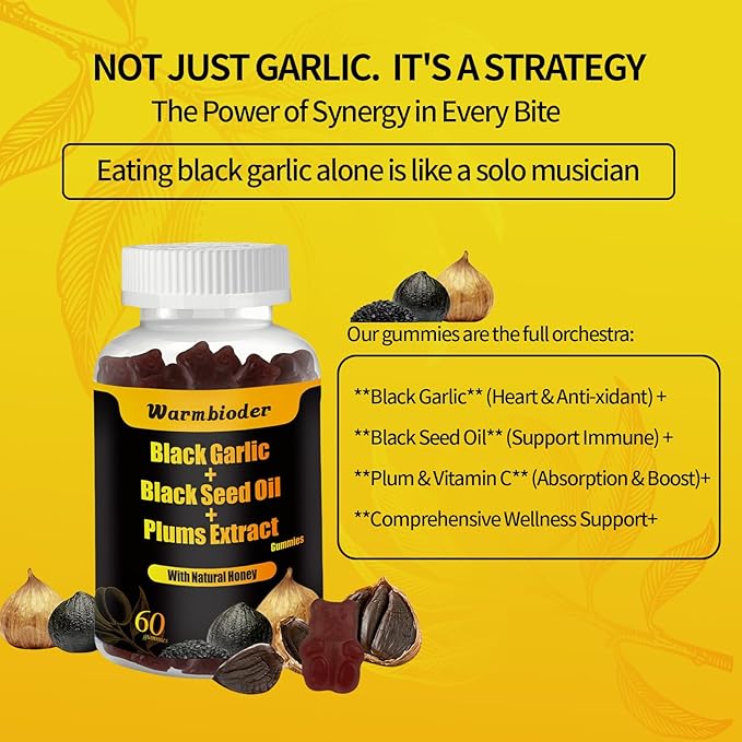 Black Garlic Black Seed Oil Gummies,with Honey Vitamin C Plums Extract,Overall Health,Non-GMO & Vegan,Black Garlic Flavored