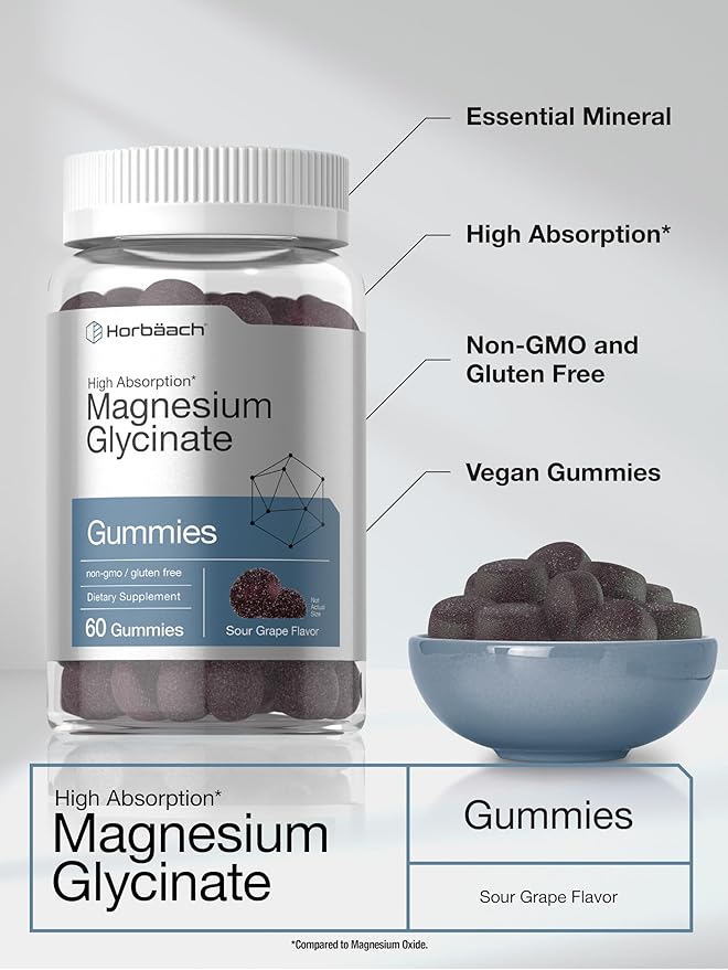Horbäach Magnesium Glycinate Gummies | 60 Count | Sour Grape Flavor | High Absorption | Vegan, Non-GMO, Gluten Free