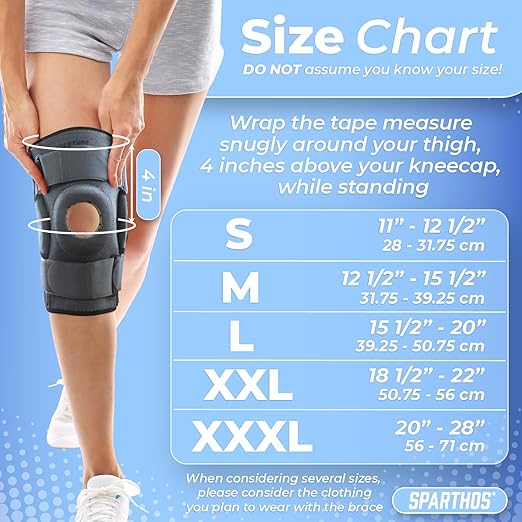 Sparthos Knee Brace - Heavy-Duty Hinged Support for ACL, MCL, Meniscus Tear, Arthritis Pain - Open Patella - 4-Strap Adjustable, For Men & Women, Check Size Chart (Beige-XXL, Fits 18½-22″ Thigh)