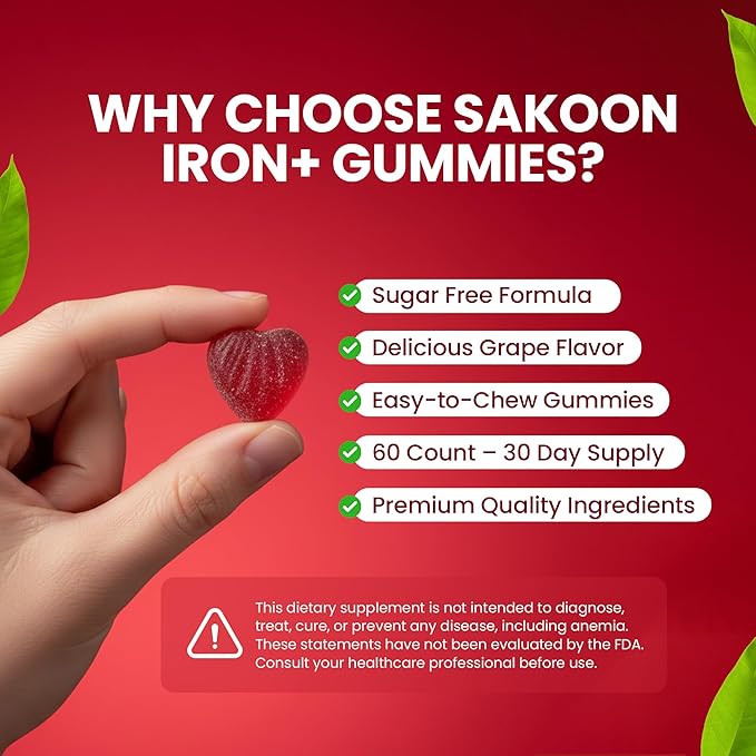 Sakoon Nutrition Iron Gummies for Women & Men | 60 Count Sugar Free Grape Flavour Vegan Iron Gummies with Vitamin C, B12 & Zinc | Support for Bones Strength, Energy & Blood Health | 2Count Per Serving