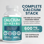 4-in-1 Calcium Supplements for Women and Men - Calcium with Vitamin D3 K2 5000 IU Supplement, 600mg per Serving - Gluten-Free, Vegan-Friendly (120 ct)