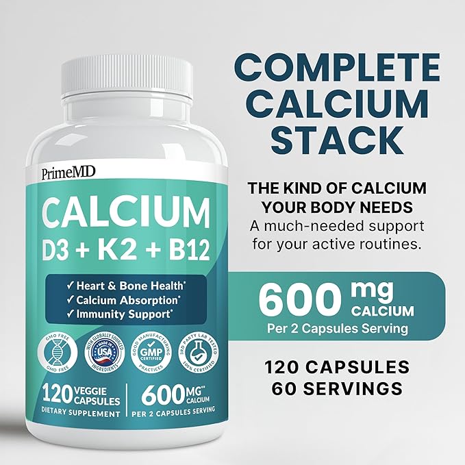 4-in-1 Calcium Supplements for Women and Men - Calcium with Vitamin D3 K2 5000 IU Supplement, 600mg per Serving - Gluten-Free, Vegan-Friendly (120 ct)