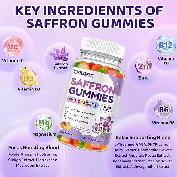 Saffron Gummies for Kids & Adults, 20-in-1 Saffron Supplements with 88.5mg Saffron Extract, B6, B12, C, D3, Magnesium for Calm, Focus, Nerve, Sugar Free, Vegan, Non-GMO, Mixed Fruit Flavor, 120 Counts