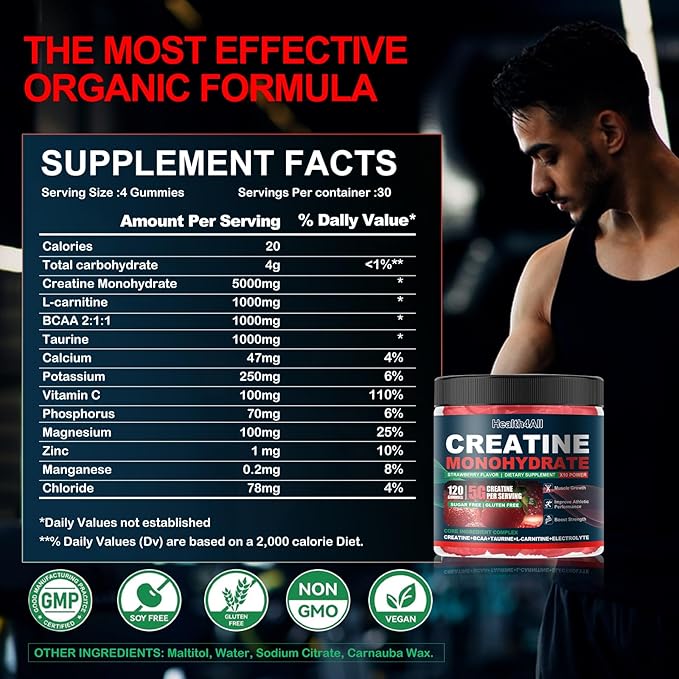 Health4All Creatine Monohydrate Gummies 5g for Men & Women, Creatine Gummy for Strength Energy & Muscle Growth Support Pre-Workout Supplement - Strawberry 120 Gummy