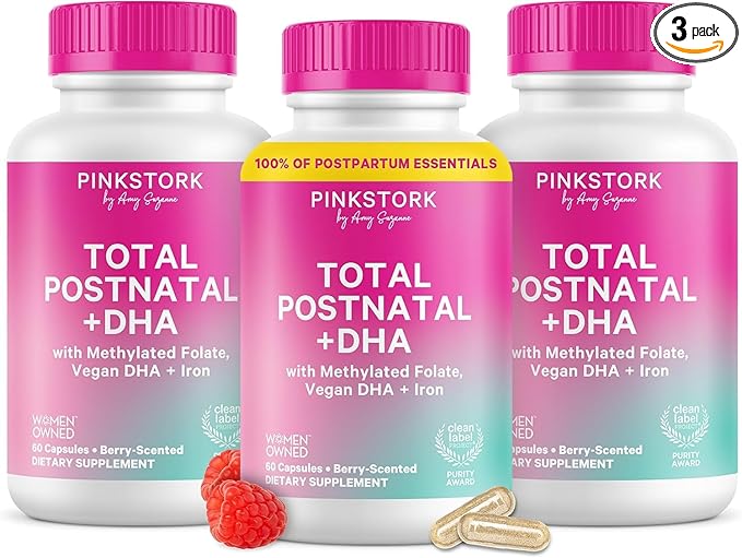 Pink Stork Total Postnatal Vitamins for Women with Vegan DHA, Iron, Folate, and Vitamin B12, Postpartum Recovery Essentials, Daily Supplement for Breastfeeding Moms - 3 Month Supply