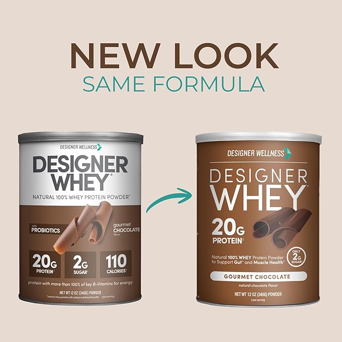 Designer Wellness, Designer Whey, Natural Whey Protein Powder with Probiotics, Fiber, and Key B-Vitamins for Energy, Gluten-Free, Gourmet Chocolate, 12oz