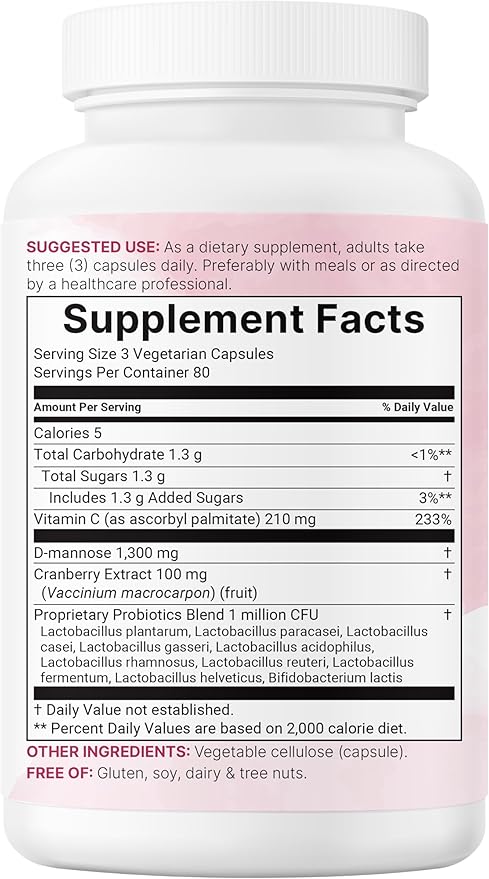 Pure D Mannose 1,300mg with Cranberry & Probiotics, 240 Veggie Capsules | Urinary Tract Health for Women | Plus 1 Million CFU Probiotics Blend & High Absorption Vitamin C | Filler Free, Non-GMO