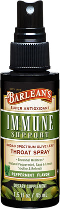 Barlean's Olive Leaf Complex Throat Spray, Immune Support Supplement with Peppermint, Lemon, and Sage for Itchy Throat Relief, Liquid Blended Extract, 1.5 oz