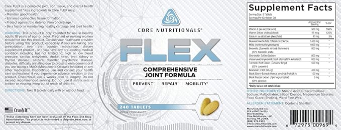 Core Nutritionals Flex Comprehensive Joint Formula | Promotes Healthy Tendons, Ligaments, & Cartilage | Improve Mobility | Antioxidants for Recovery | 240 Tablets