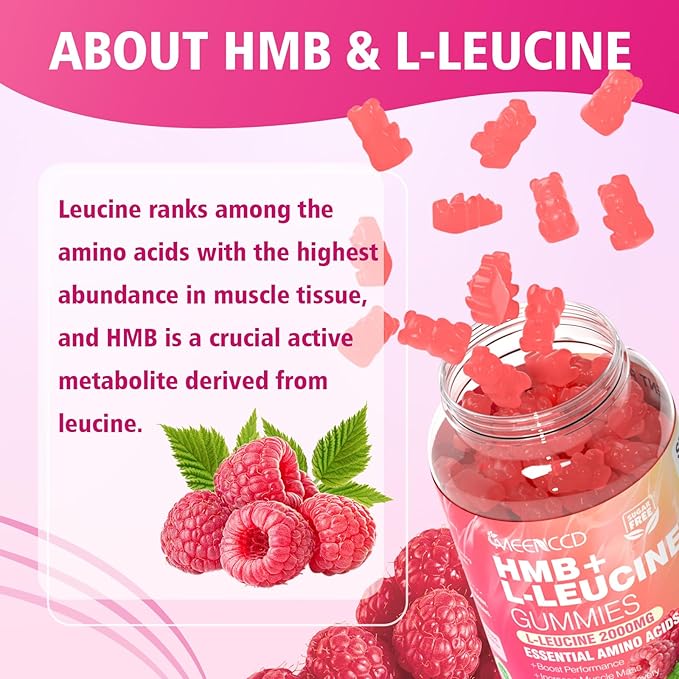 MEENCCD HMB and L-Leucine Gummies, HMB and Leucine Amino Acid for Muscle Growth, Muscle Maintenance, and Muscle Comfort, for Men & Women, Sugar-Free, Raspberry Flavor, 60 Count