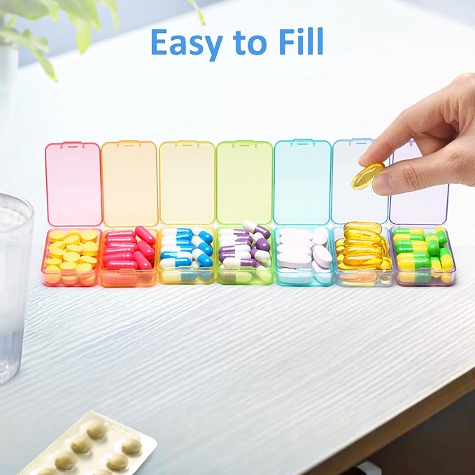 Fullicon Small Pill Case for Purse, Travel Medicine Pill Organizer, Weekly 7 Day Daily Pill Box, Pocket Pharmacy Pill Container Dispenser Holder with Labels (Black Rainbow)