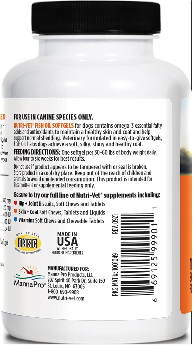 Nutri-Vet Fish Oil Supplement for Dogs,Omega 3,Fish Oil for Dogs,Pet Supplies,Pet Vitamins and Supplements,EPA DHA Formula,Puppy Vitamins,Shed Control,New Puppy Essentials,100 Count (Pack of 2)