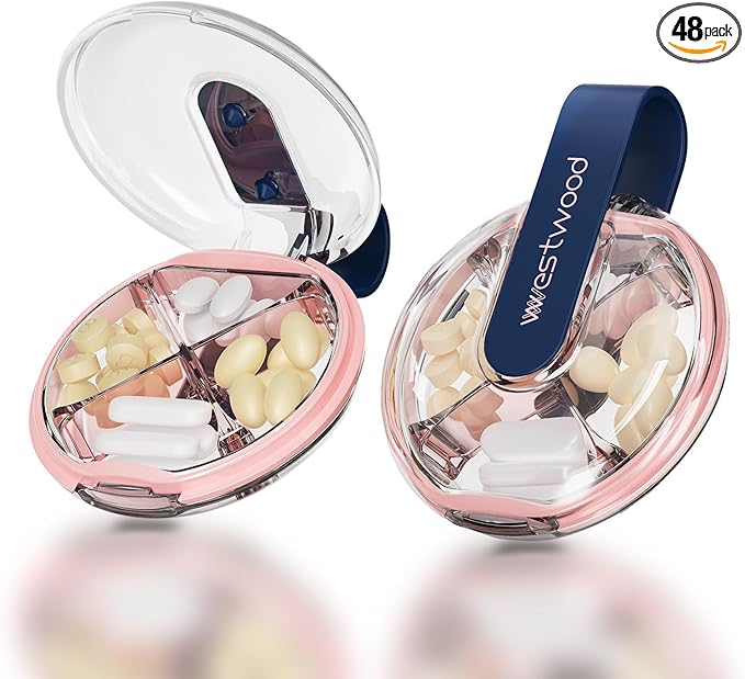 HyJeryty Easy-Grip Round Small Pill Organizer - 4 Compartment Travel Case Compact Pill Box with Strap, Portable and Moistureproof for Vitamins/Medication/Supplements(Blue)