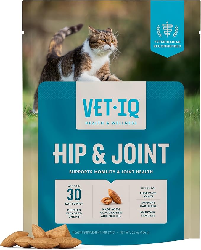 VetIQ Hip & Joint Supplement for Cats, Chicken Flavored Joint Health Supplement with Glucosamine and Green Lipped Mussel for Mobility and Arthritis Support, 3.7oz