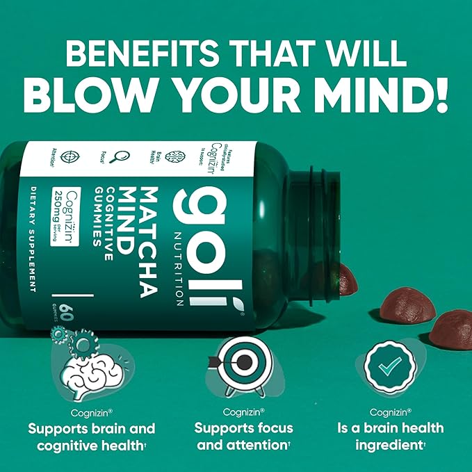 Goli Matcha Mind Gummies - 180 Count - Green Tea Leaves Powder with Cognizin for Focus, Attention and Brain Health, Vegan, Non-GMO, Gluten-Free & Gelatin Free.