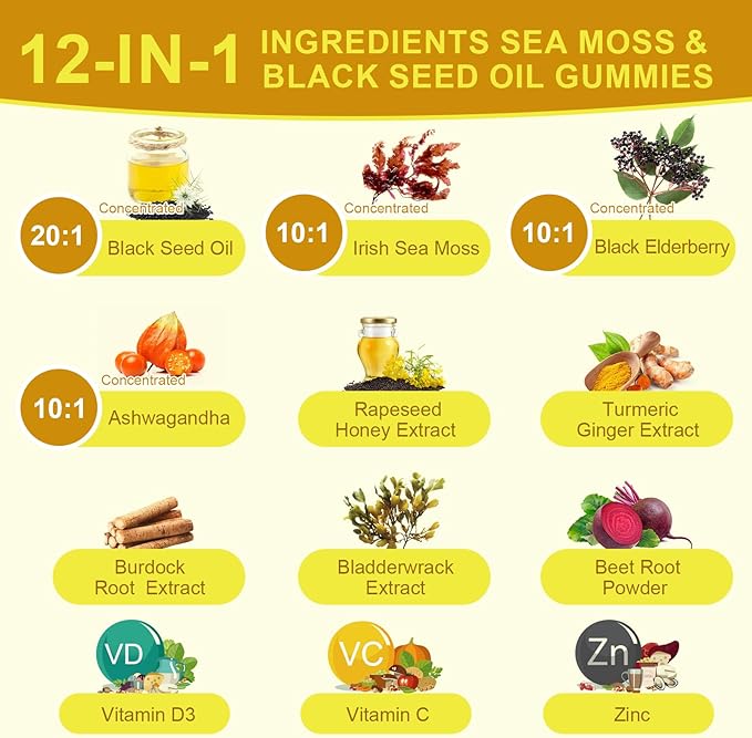 Black Seed Oil Gummies with Ashwagandha & Irish Sea Moss & Elderberry – Immune Support Supplement with Vitamin C, D3, Zinc, Nigella Sativa Black Cumin Gummy for Hair Growth & Joint Health - 60 Vegan