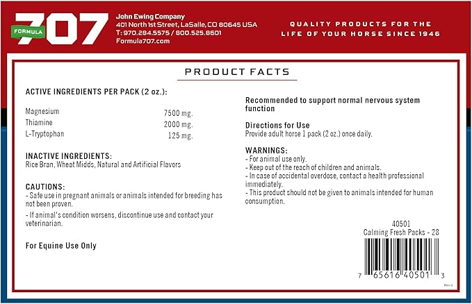 Formula 707 Calming Equine Supplement, Daily Fresh Packs – Enhanced Focus for Horses – L-Tryptophan, Thiamine & Magnesium