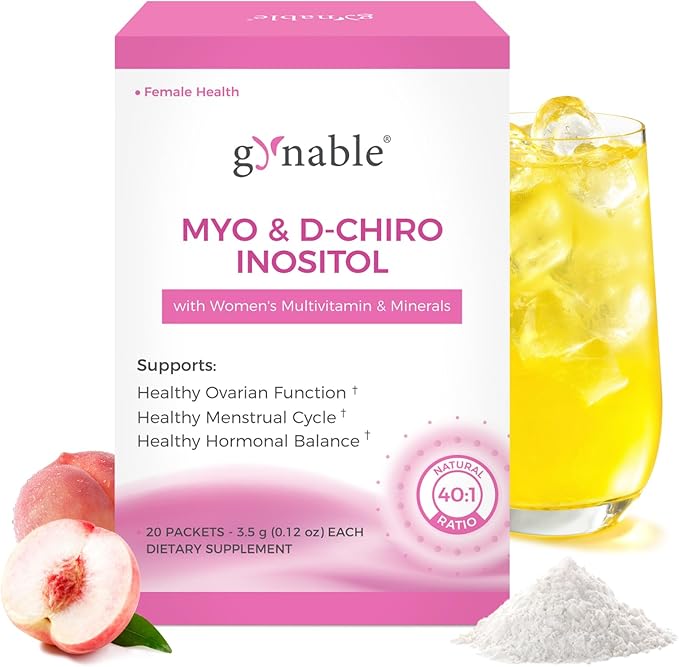 Gynable Pregina Myo-Inositol & D-Chiro Inositol Powder for Women - PCOS Fertility Support, Hormonal Balance, Regular Cycles | Patented Active Folic Acid, Vegan, Gluten-Free (30 Servings, Peach)