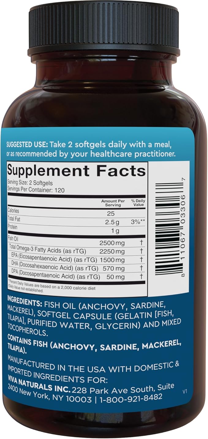 Viva Naturals Omega 3 Fish Oil Supplement for Women and Men - 2500 mg Triple Strength Fish Oil Pills with Re-Esterified Omega 3 Fatty Acids Including EPA, DHA DPA - 240 Pescatarian-Friendly Softgels