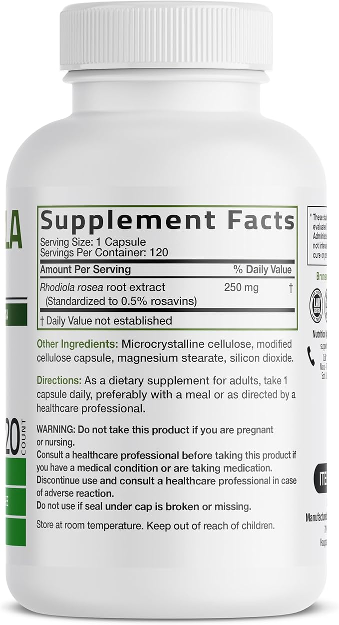 Bronson Rhodiola Rosea Vegetarian Capsules - Adaptogenic Herb - Brain, Stress & Mood Support - Non-GMO, 120 Count