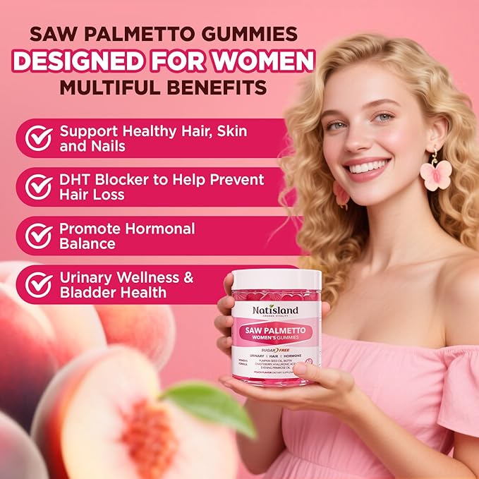 Saw Palmetto for Women Gummies, Organic Saw Palmetto with Pumpkin Seed Oil for Hair Growth, DHT Blocker & Urinary Health, Sugar Free, Vegan, Peach Flavor, 60 Chewable
