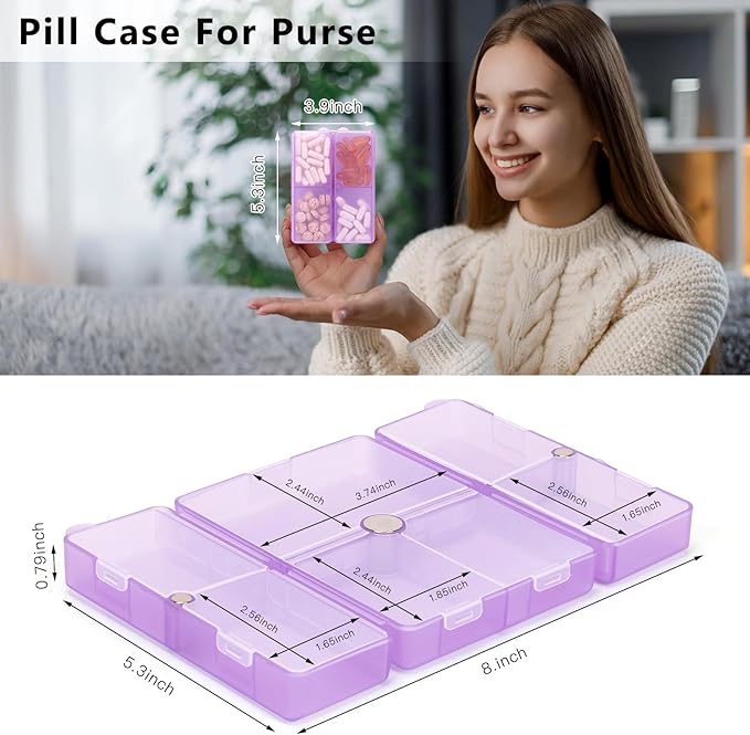 FYY Daily Pill Organizer,7 Compartments Portable Pill Case Travel Pill Organizer,[Folding Design] Large Pill Box for Purse Pocket to Hold Vitamins,Cod Liver Oil,Supplements and Medication-Clear Purple