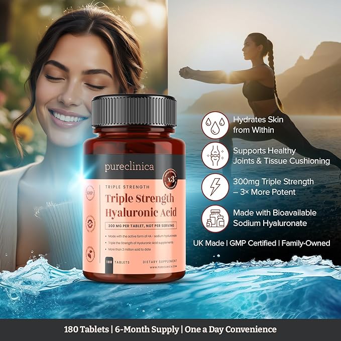 pureclinica Triple Strength Hyaluronic Acid 300mg x 720 Tablets (4 Bottles of 180) - 2 Years Supply