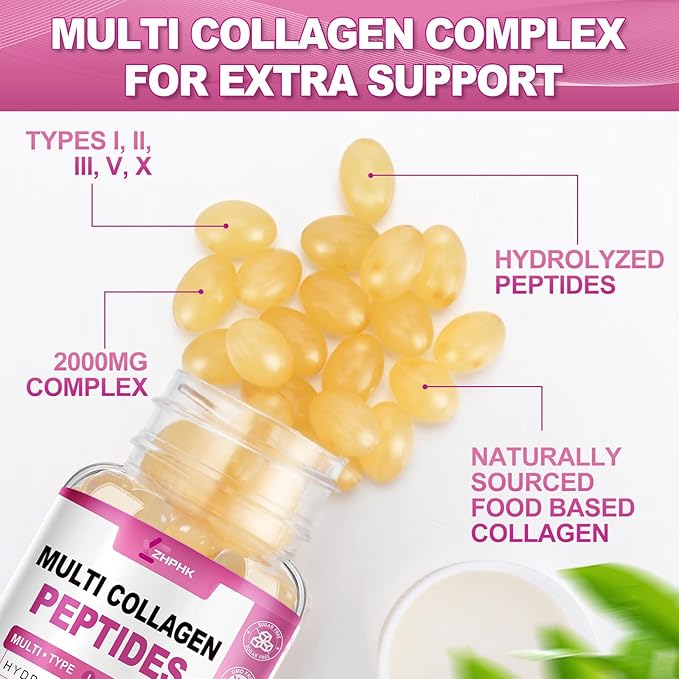 ZHPHK Multi Collagen Peptides for Women 2000mg Hydrolyzed Collagen Peptides Pills from Type I II III V X with Hyaluronic Acid Better Absorption with Vitamin C Support Skin Hair Nail | 120 Count