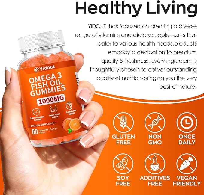 Omega 3 Fish Oil Gummies, Delicious Orange Flavor Fish Oil Gummy Supplements for Joint, Heart Health, & Brain Support (60 Count（Pack of 2）)