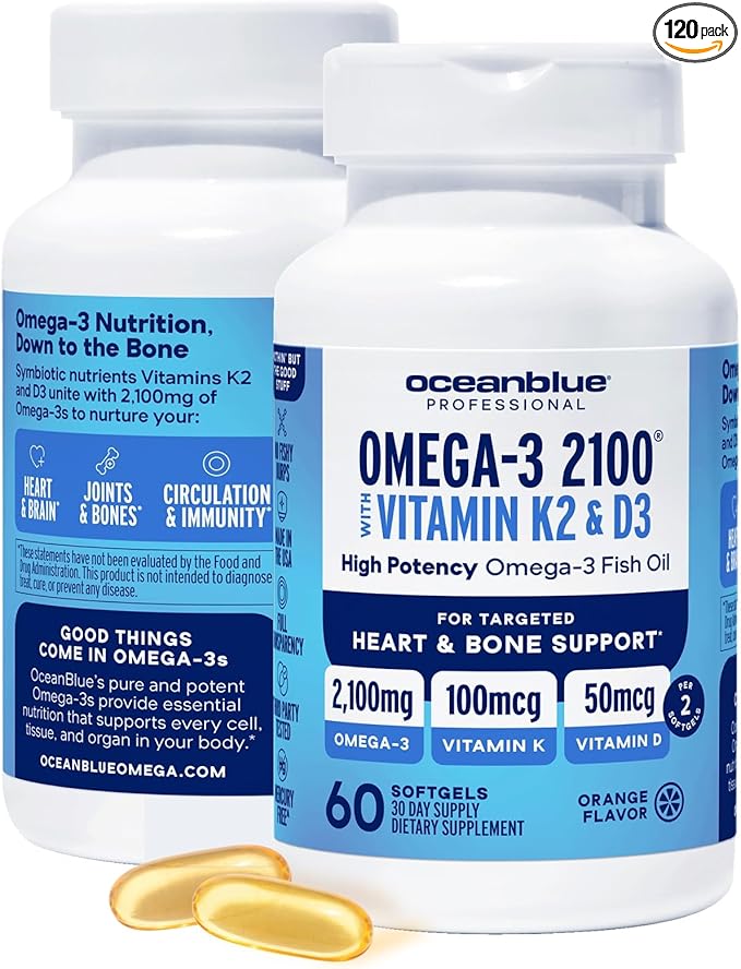Oceanblue Professional Omega-3 2100 with Vitamin K2 and Vitamin D3-60 Count 2 Pack- Triple Strength Burpless Fish Oil Supplement with EPA, DHA & DPA - Wild Caught - Orange Flavor, 60 Servings