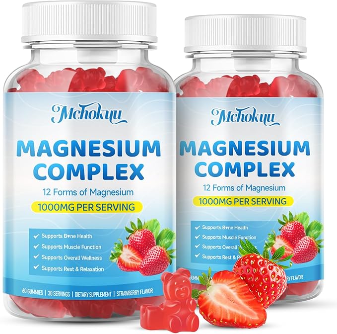 Magnesium Complex Gummies 1000mg | 12-in-1 Magnesium Complex Supplement with Glycinate, Citrate, Malate & Taurate Supports Muscle Function, Bone Health, Rest & Relaxation – Strawberry Flavor, 60 Count