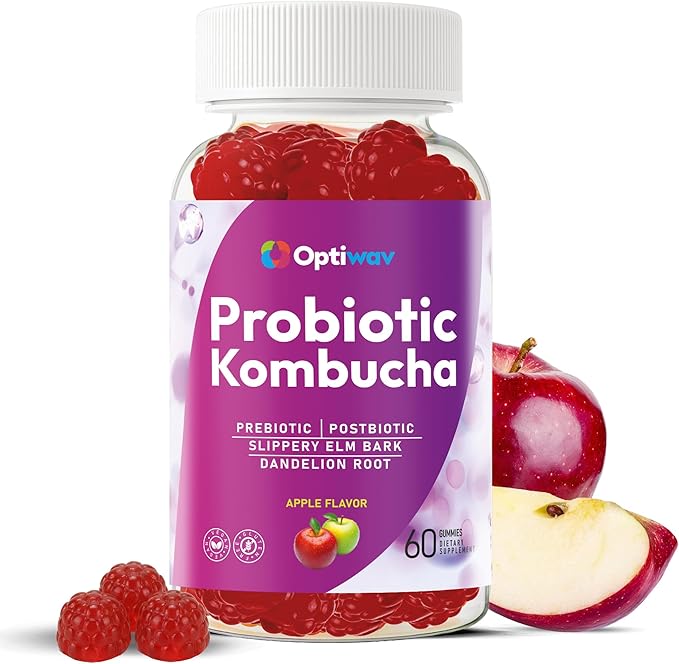 Probiotic Kombucha Gummies for Women Men - Probiotic Prebiotic Probiotic Blend with Slippery Elm Bark Dandelion Root for Gut Health Bloating Metabolism Support - Vegan Gluten-Free Apple Flavor