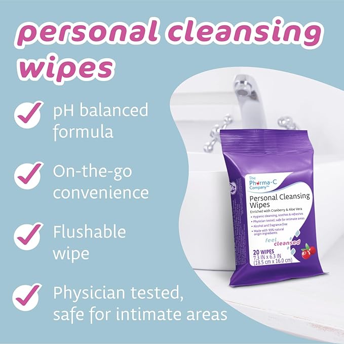 The Pharma-C Company Personal Cleansing Wipes [20 wipes] - Enriched with Cranberry & Aloe Vera. Feminine Intimate Hygiene Wipe. 99% Natural Origin.