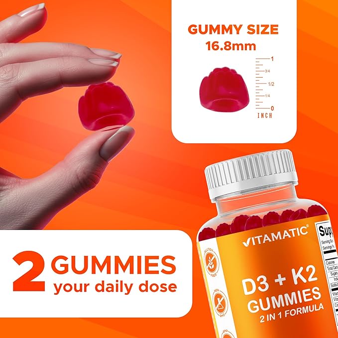 Vitamatic Vitamin D3 & K2 Gummies (2-Pack, 60 Count) Supports Healthy Bones, Heart Health, Calcium Absorption, and Immune Function Plant-Based, Non-GMO, Gluten-Free