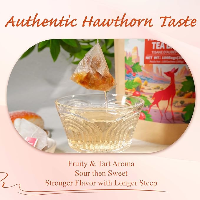 WT WEETEE Hawthorn Berry Tea Bags 100 Count, 100% Hawthorn Fruit, Corn Fiber Pyramid Bags, Antioxidant & Caffeine-Free Herbal Tea