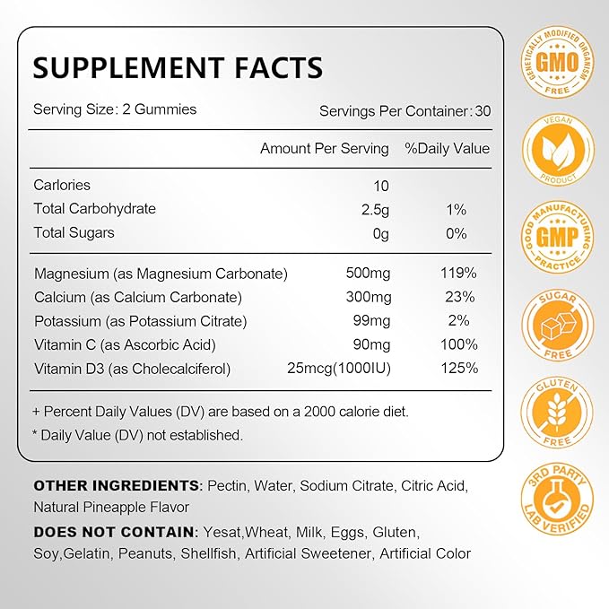 2 Pack Magnesium Carbonate Gummies 500mg, High Absorption Magnesium Supplement for Women & Men, with Calcium, Potassium, Vitamin C & D3, Support Digestive & Muscle Health, Sugar Free, Vegan,120Ct